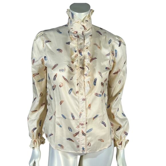 Vintage 90s Cream Feather Print Ruffle Victorian Style Blouse Size Small - Picture 2 of 8